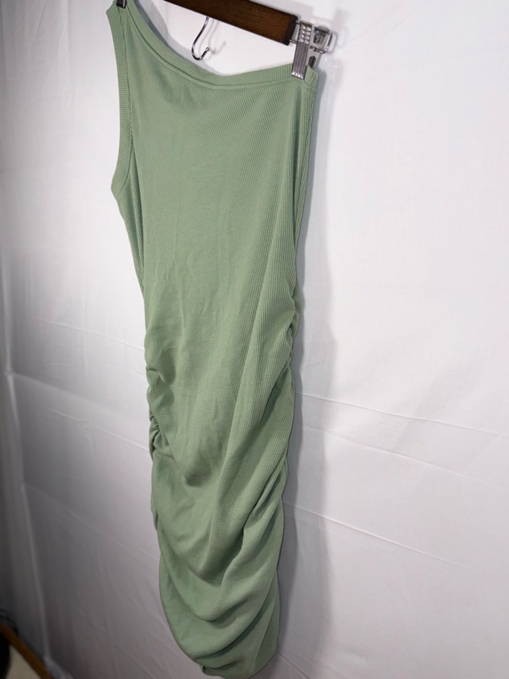 Lulu's One-Shoulder Sage Green Ribbed Tank Ruched Short Dress Size Large - Picture 4 of 16
